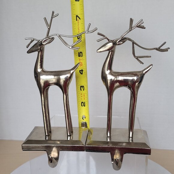 Reindeer Christmas Silver Tone Stocking Holder Hanger Mantel Decoration Set of 2 - Picture 14 of 16